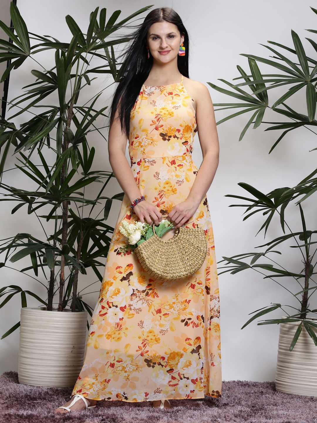 

Sera Yellow Halter Neck Floral Print Georgette Maxi Dress
