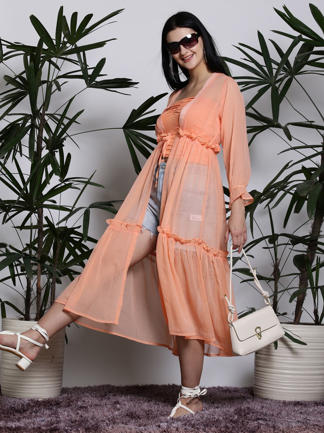 

Sera V-Neck Longline Tie-Up Shrug, Coral