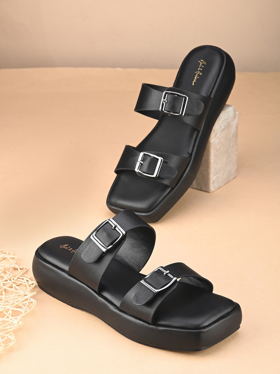 

Mast & Harbour Black Buckle Detailed Flatform Heels