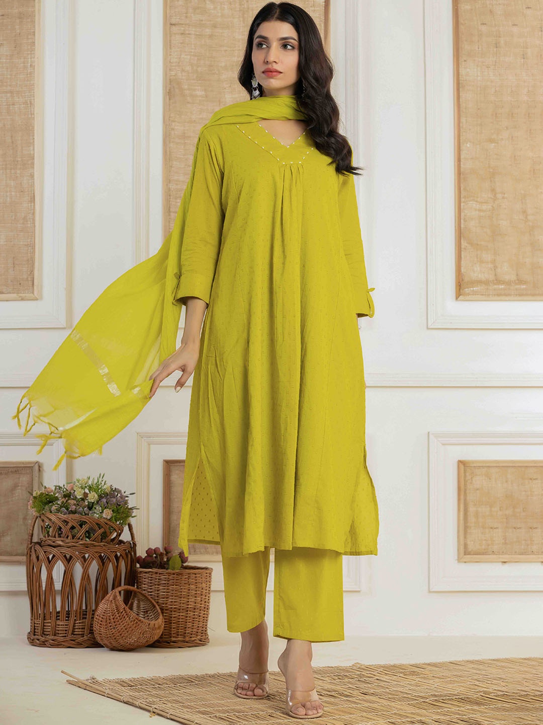 

Do Dhaage Empire V-Neck Beads and Stones Pure Cotton A-Line Kurta With Trousers & Dupatta, Green