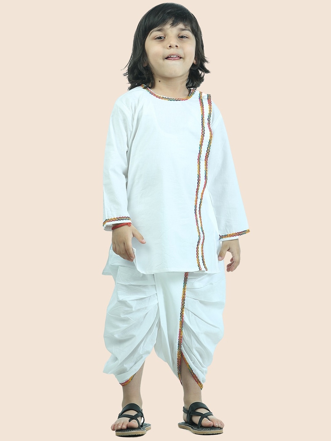 

JUNITOS Boys Round Neck Pure Cotton Straight Kurta with Dhoti Pants, White
