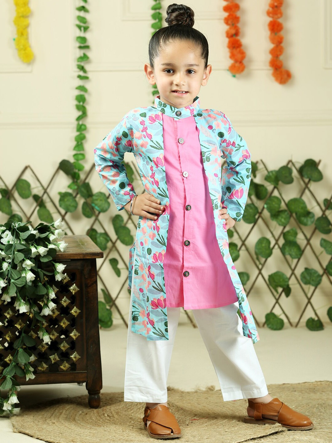 

JUNITOS Boys Floral Printed Regular Pure Cotton Kurta with Pyjamas, Pink