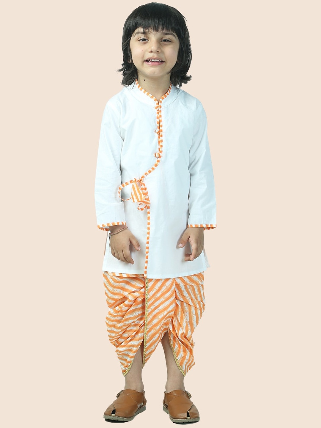 

JUNITOS Boys Striped Angrakha Pure Cotton Straight Kurta with Dhoti Pants, White