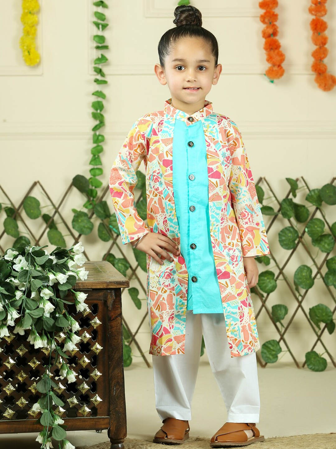 

JUNITOS Boys Regular Pure Cotton Kurta with Pyjamas, Turquoise blue