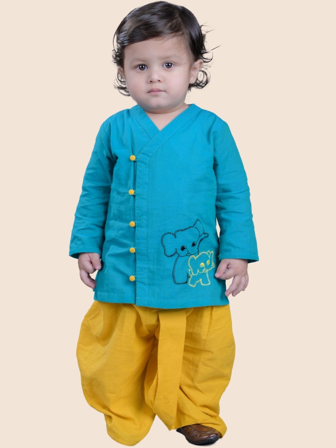 

JUNITOS Boys Embroidered Regular Pure Cotton Kurta with Dhoti, Turquoise blue