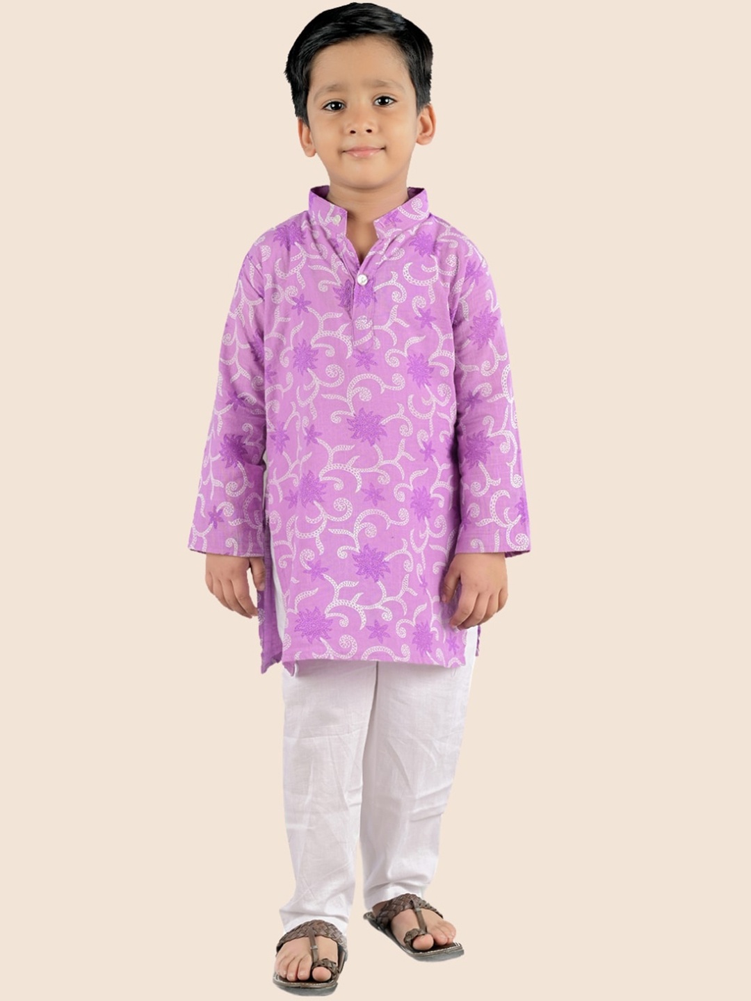 

JUNITOS Boys Printed Regular Pure Cotton Kurta with Pyjamas, Purple