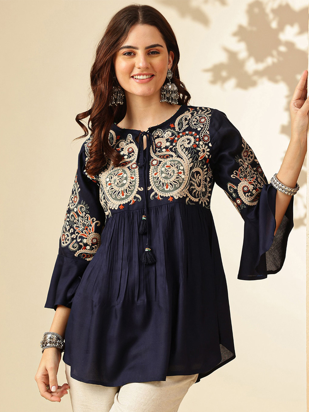 

KALINI Paisley Embroidered Tie-Up Neck Bell Sleeve A-Line Top, Navy blue