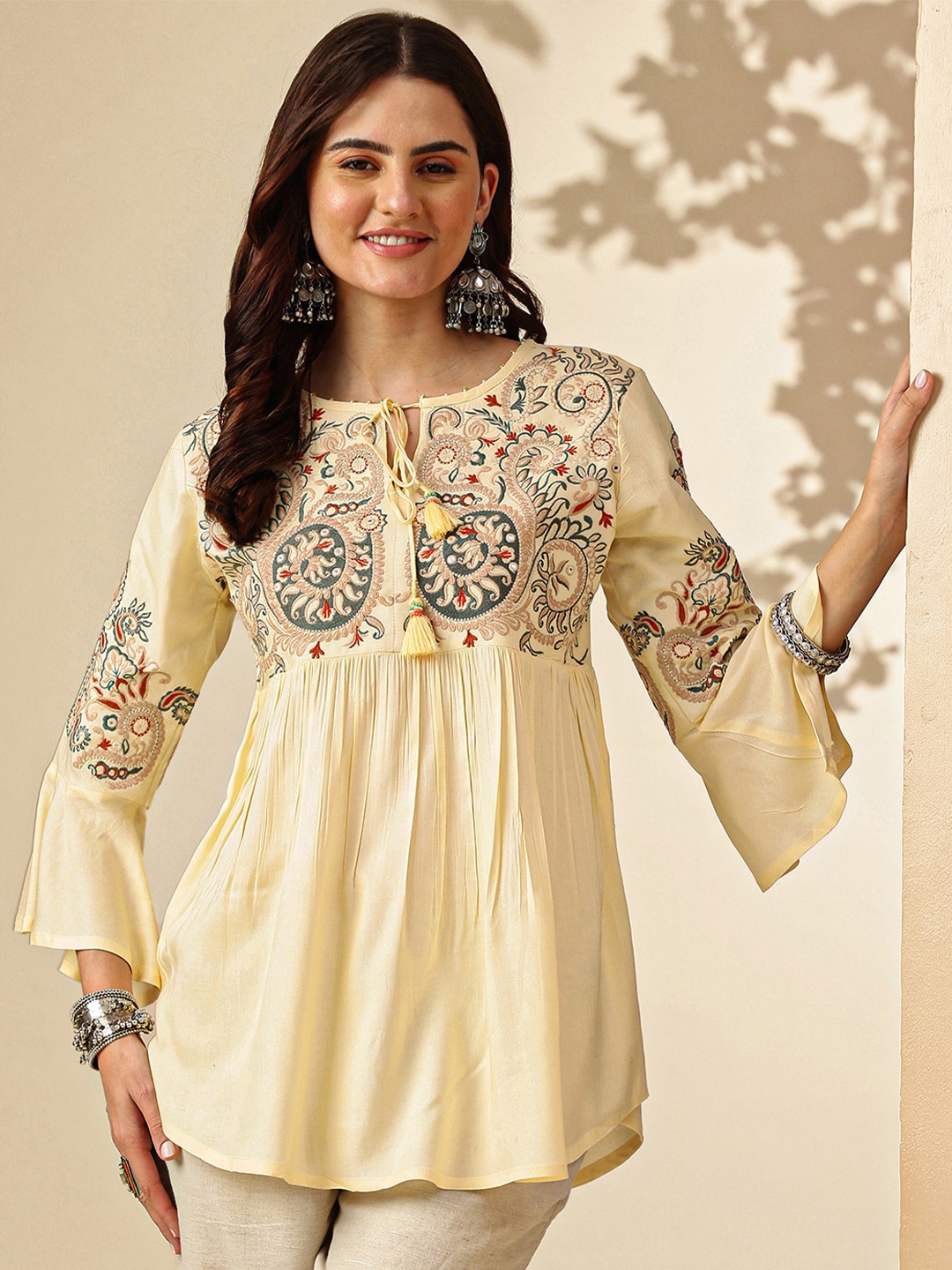 

KALINI Paisley Embroidered Tie-Up Neck Bell Sleeve A-Line Top, Yellow