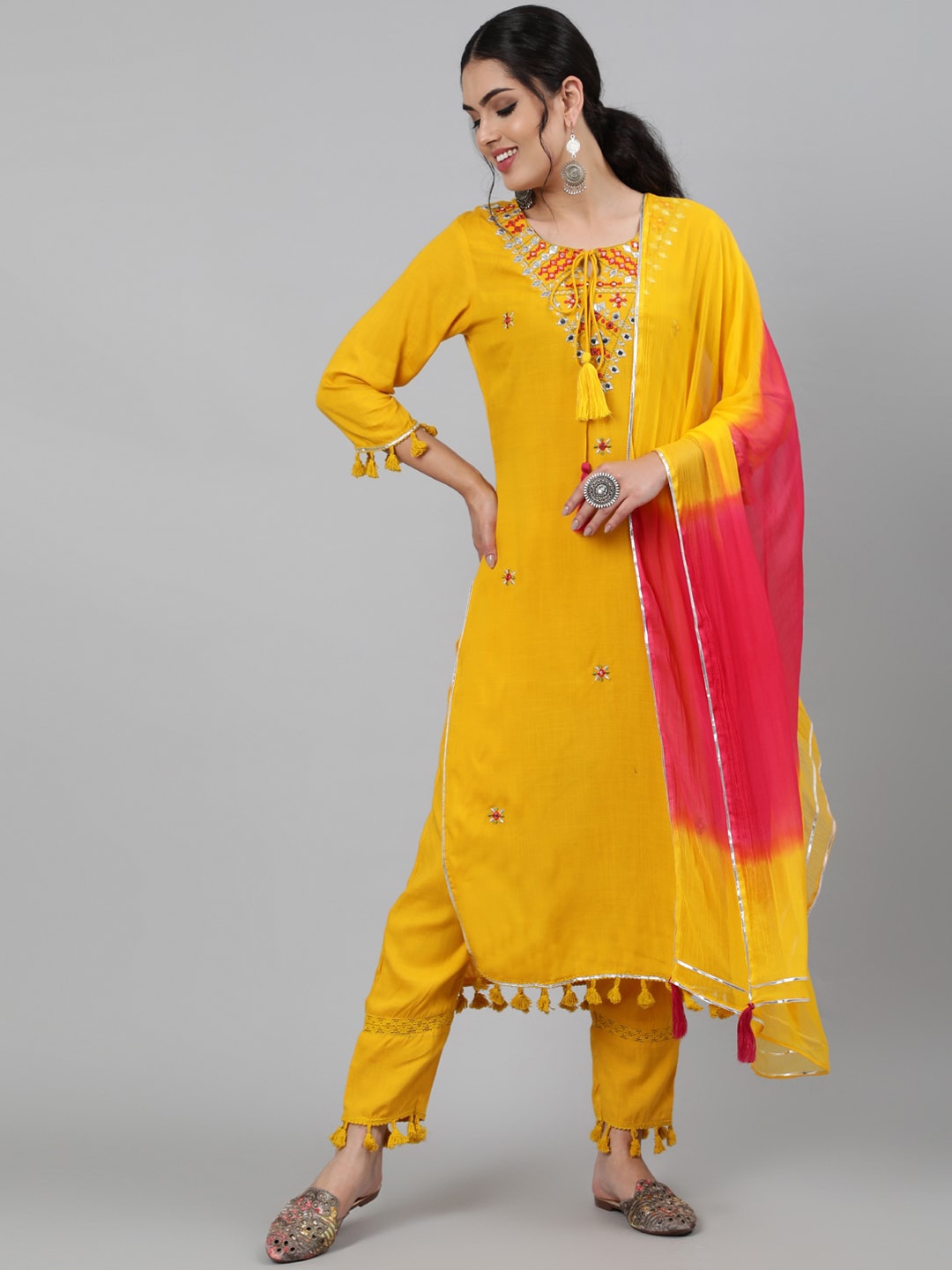 

GULMOHAR JAIPUR Ethnic Motifs Embroidered Round Neck Kurta with Trousers & Dupatta, Yellow