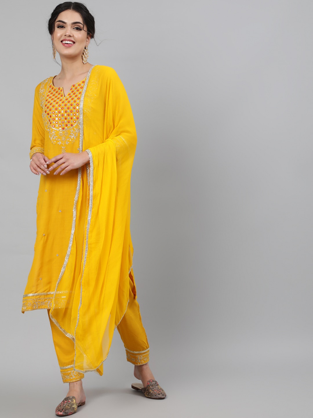 

GULMOHAR JAIPUR Ethnic Motifs Embroidered Notched Neck Kurta with Trousers & Dupatta, Mustard