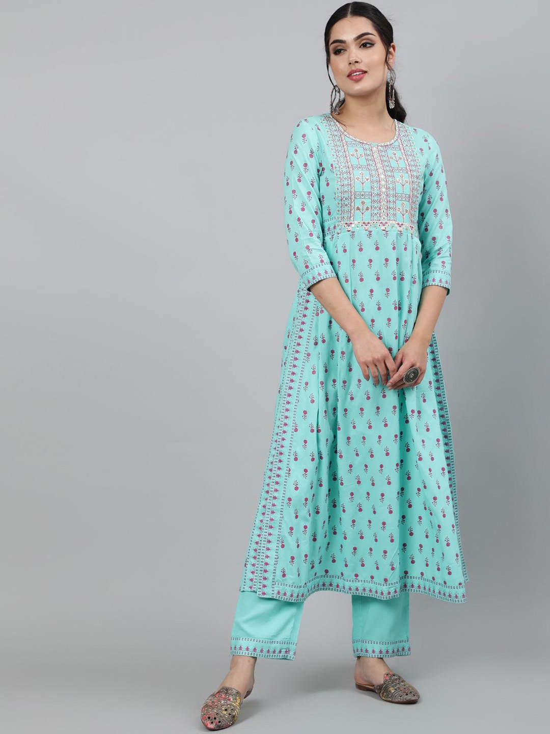 

GULMOHAR JAIPUR Ethnic Motifs Printed Round Neck Thread Work Kurta with Trousers & Dupatta, Green