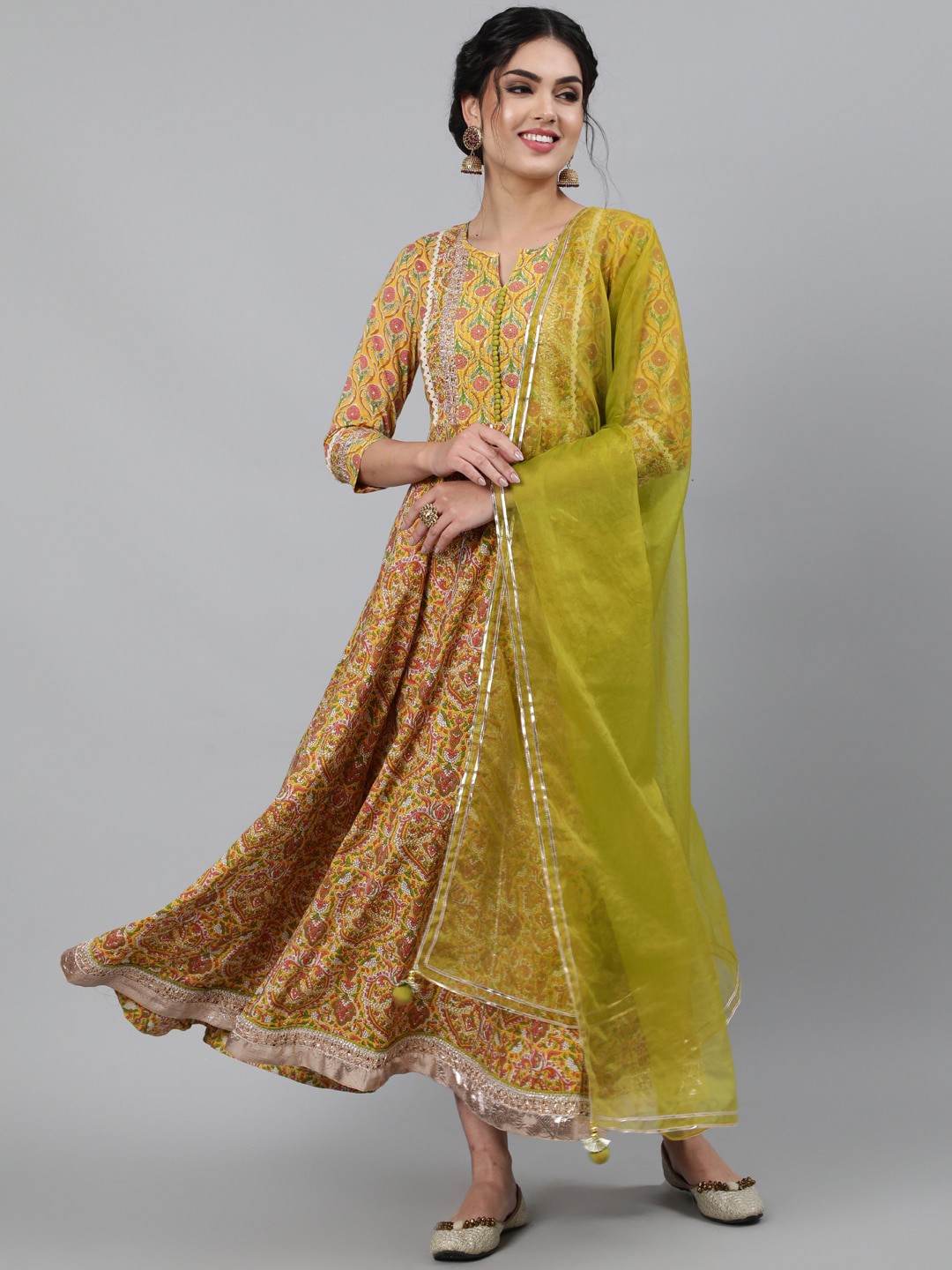 

GULMOHAR JAIPUR Ethnic Motifs Printed Cotton Anarkali Kurta With Dupatta, Yellow