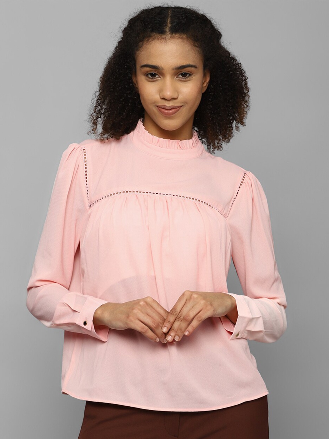 

Allen Solly Woman Self Design High Neck Puff Sleeves Pleated Regular Top, Pink