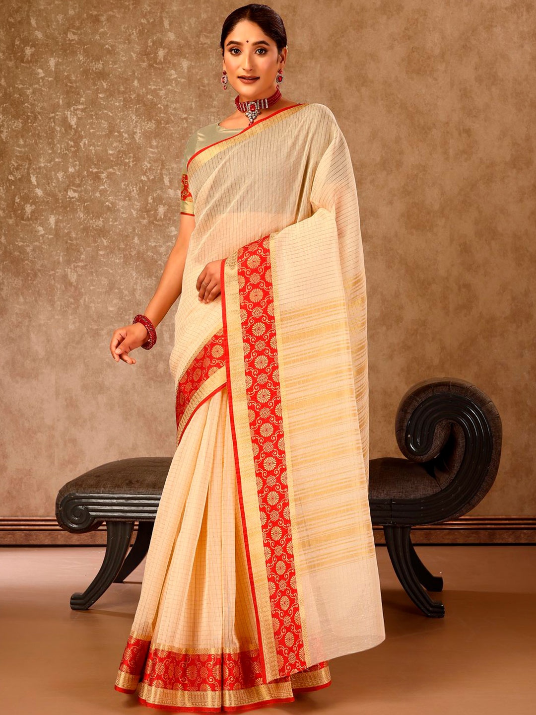 

HERE&NOW Striped Woven Design Zari Banarasi Saree, Beige