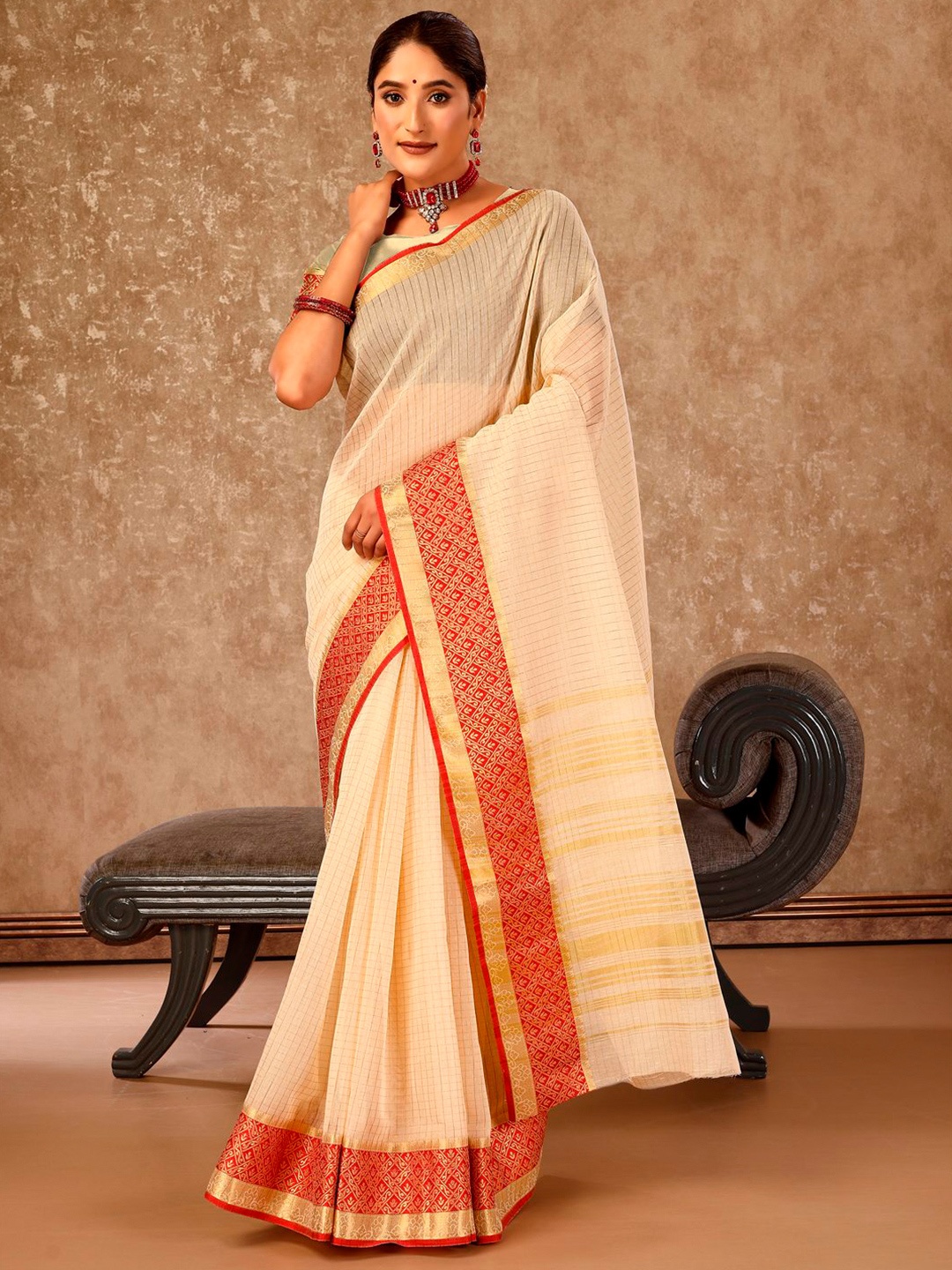 

HERE&NOW Ethnic Woven Design Zari Silk Cotton Banarasi Saree, Beige