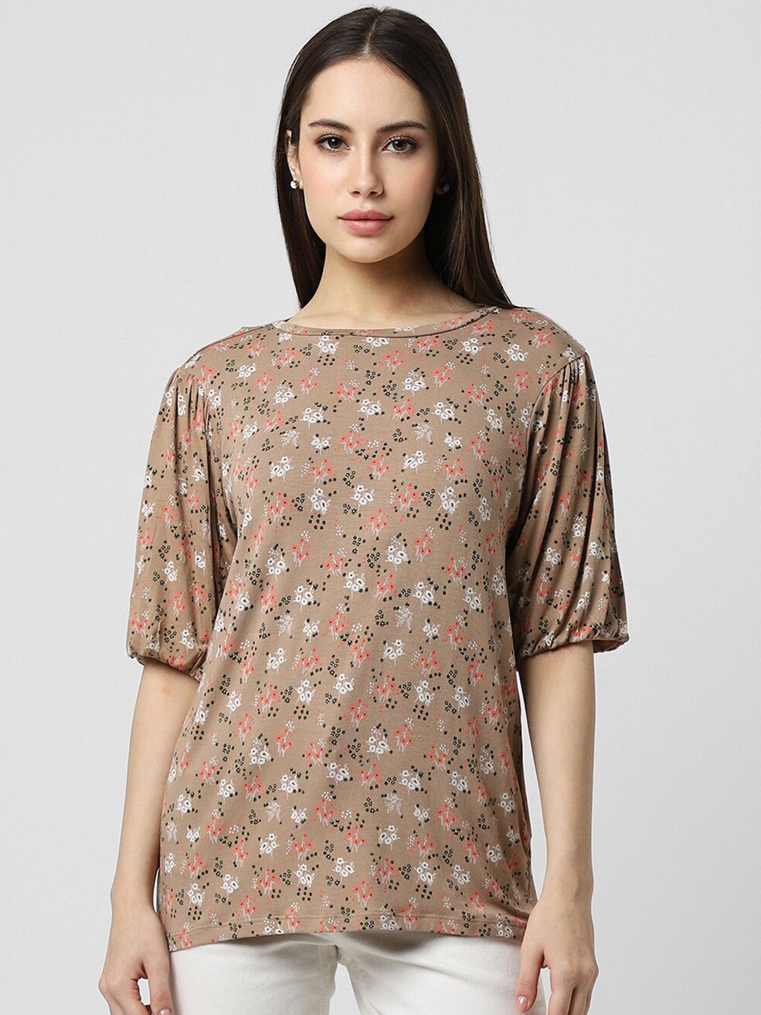 

Van Heusen Woman Floral Printed Boat Neck Puff Sleeves Casual Top, Brown