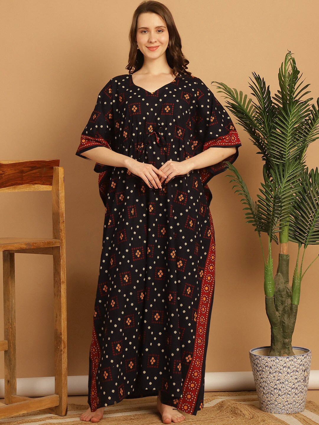 

Secret Wish Plus Size Printed Pure Cotton Kaftan Nightdress, Navy blue