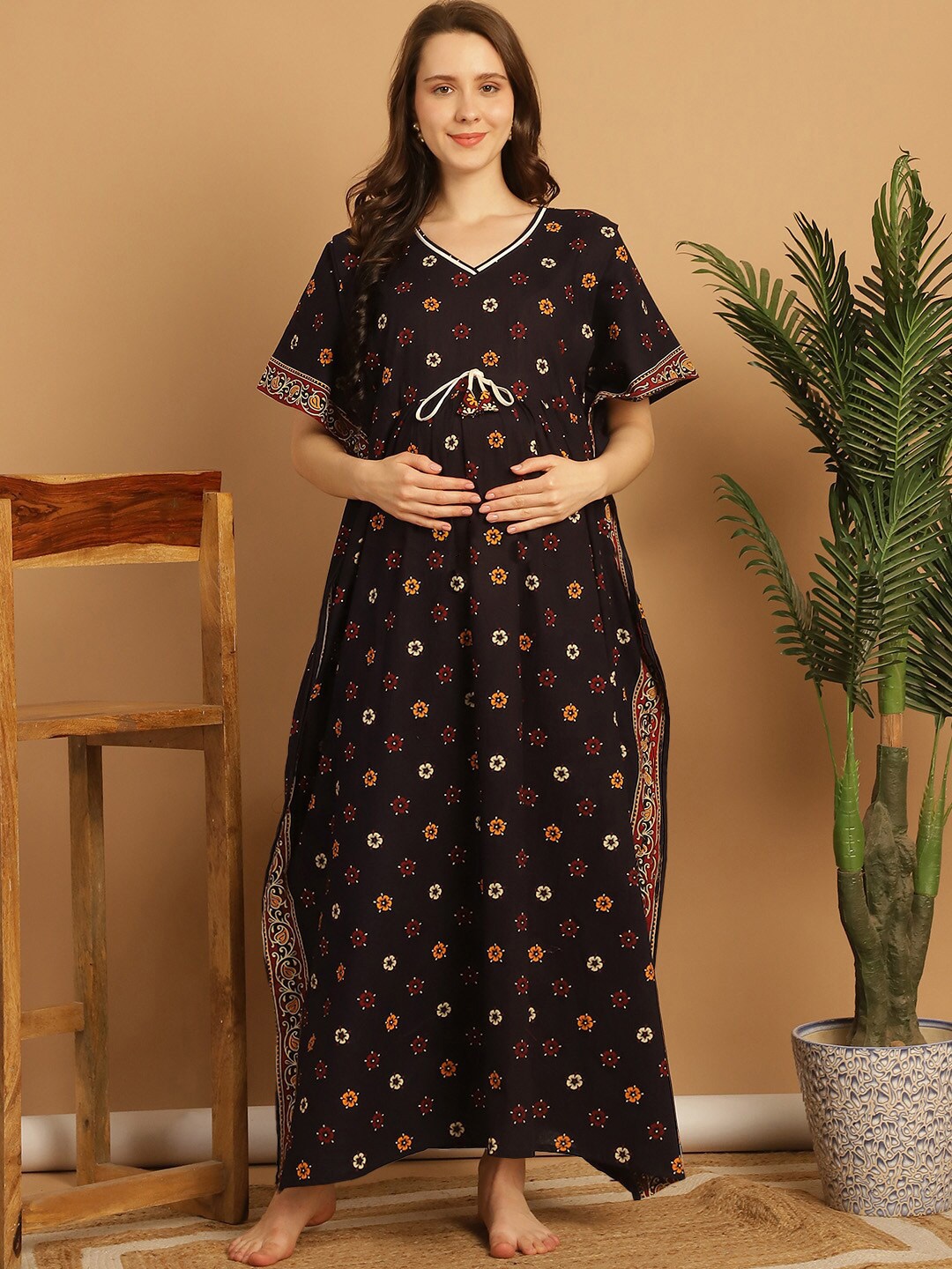 

Secret Wish Floral Printed Pure Cotton Maxi Maternity Kaftan Nightdress, Brown