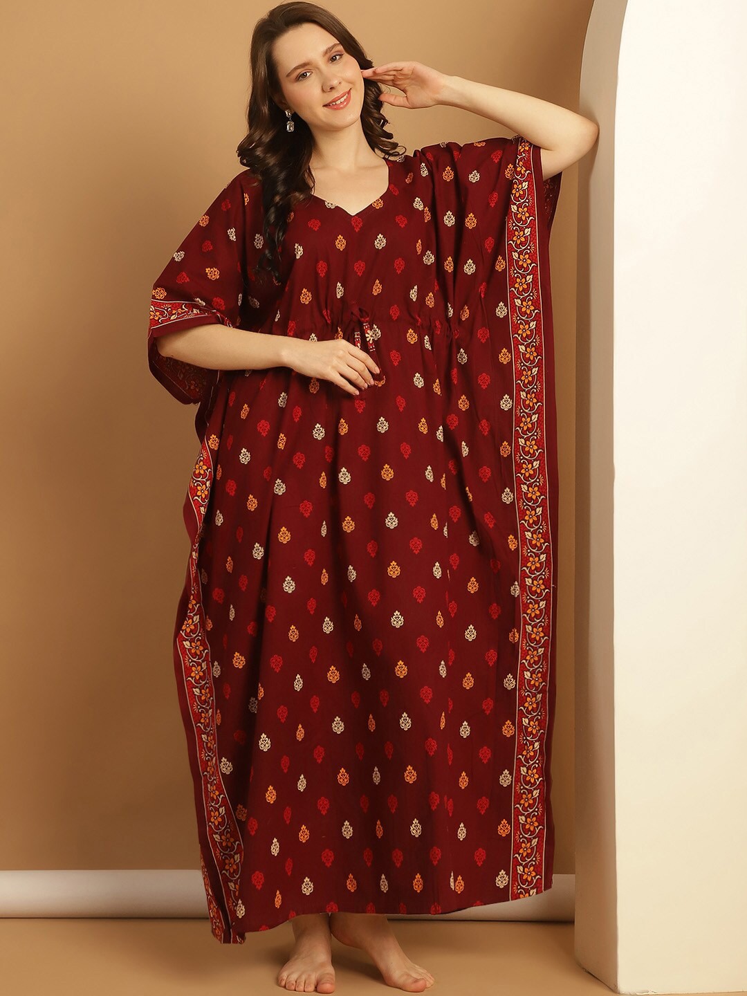 

Secret Wish Plus Size Ethnic Motifs Printed V-Neck Pure Cotton Maxi Kaftan Nightdress, Maroon
