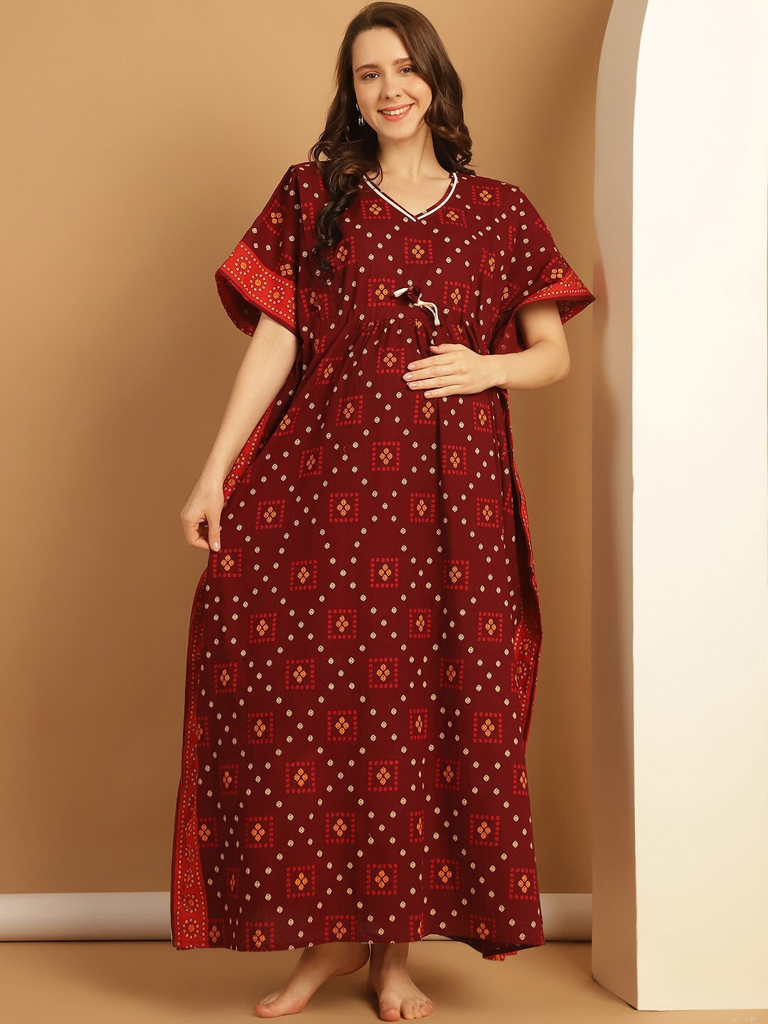 

Secret Wish Geometric Printed Pure Cotton Maxi Maternity Kaftan Nightdress, Maroon