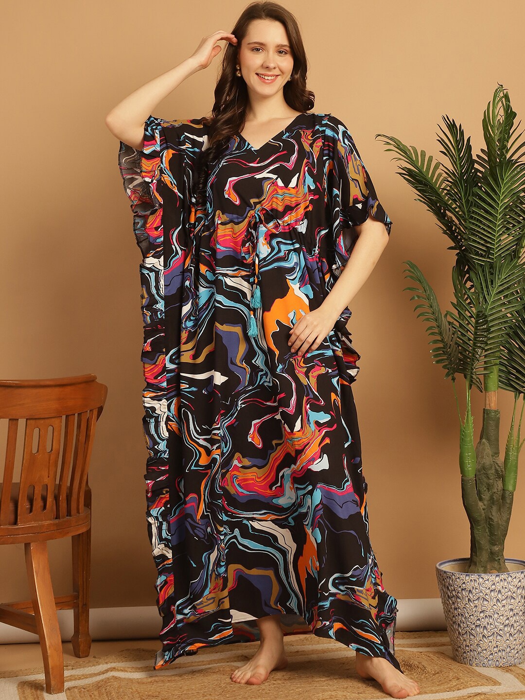 

Secret Wish Abstract Printed Maxi Kaftan Nightdress, Black