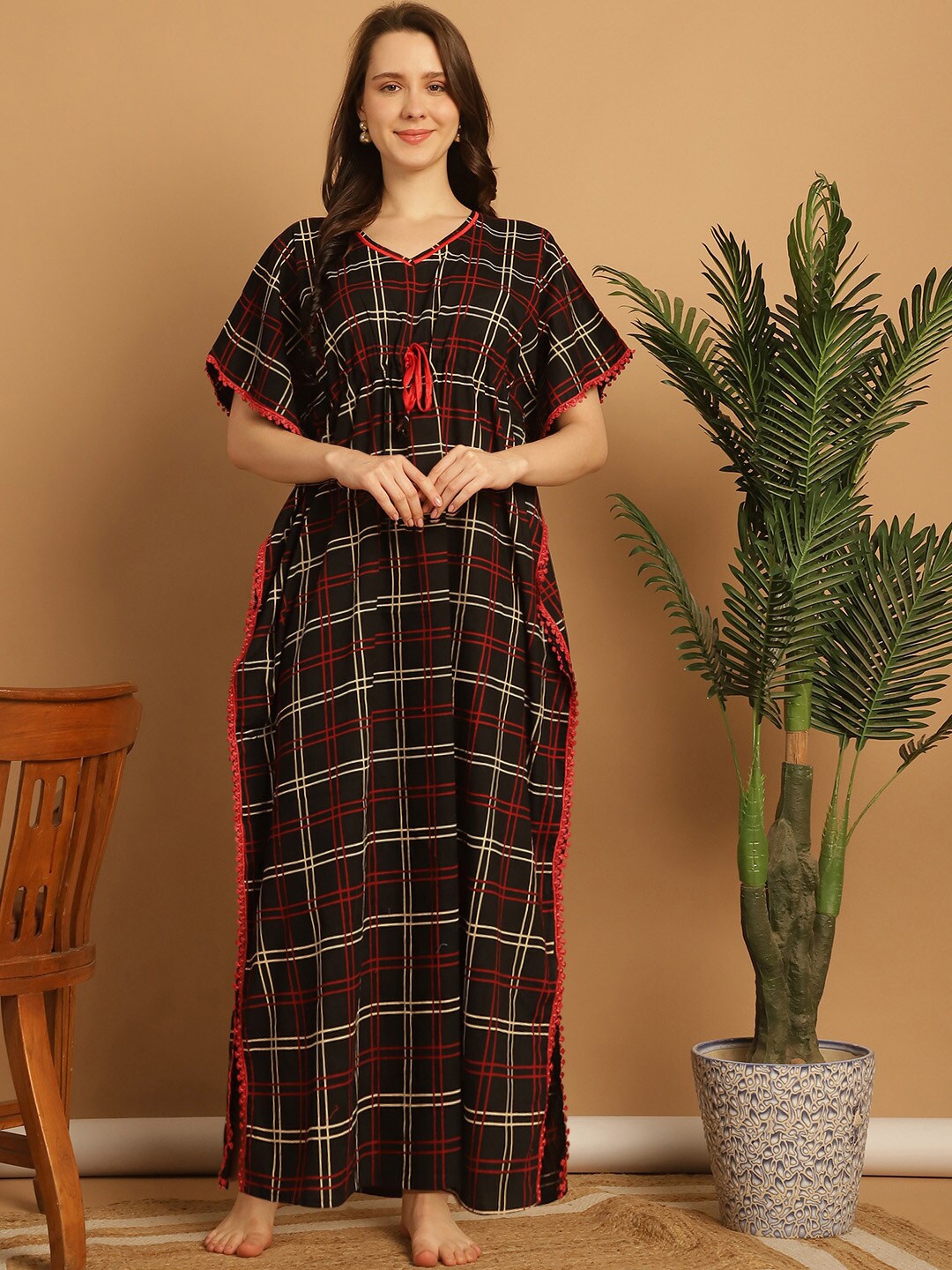 

Secret Wish Checked Maxi Pure Cotton Kaftan Nightdress, Black