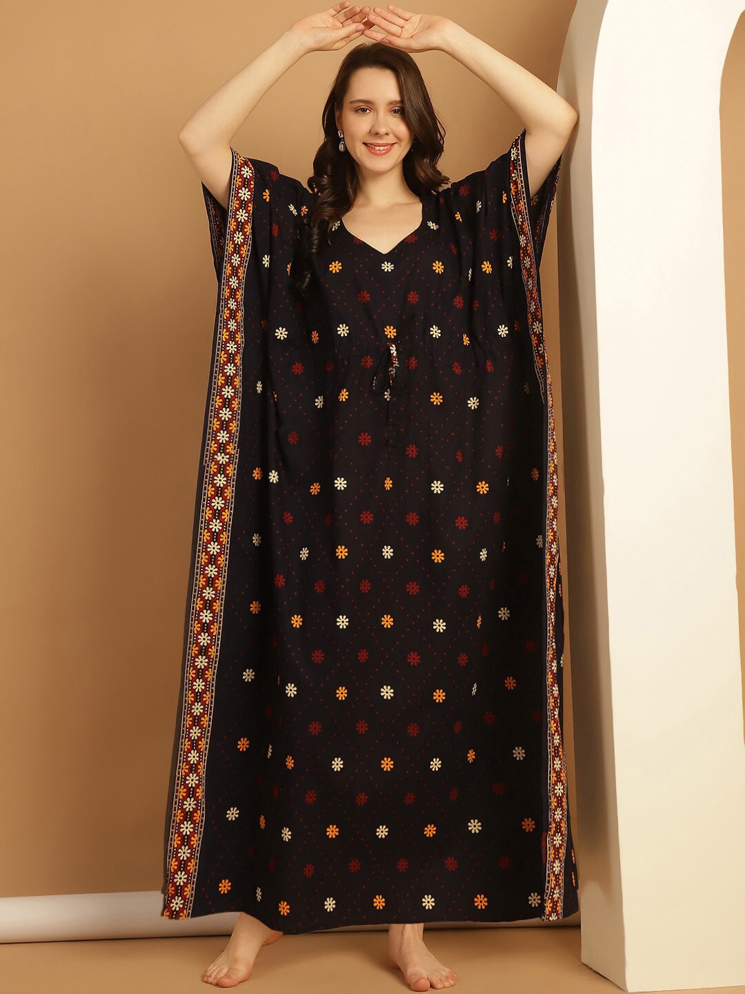 

Secret Wish Plus Size Floral Printed Pure Cotton Maxi Kaftan Nightdress, Navy blue