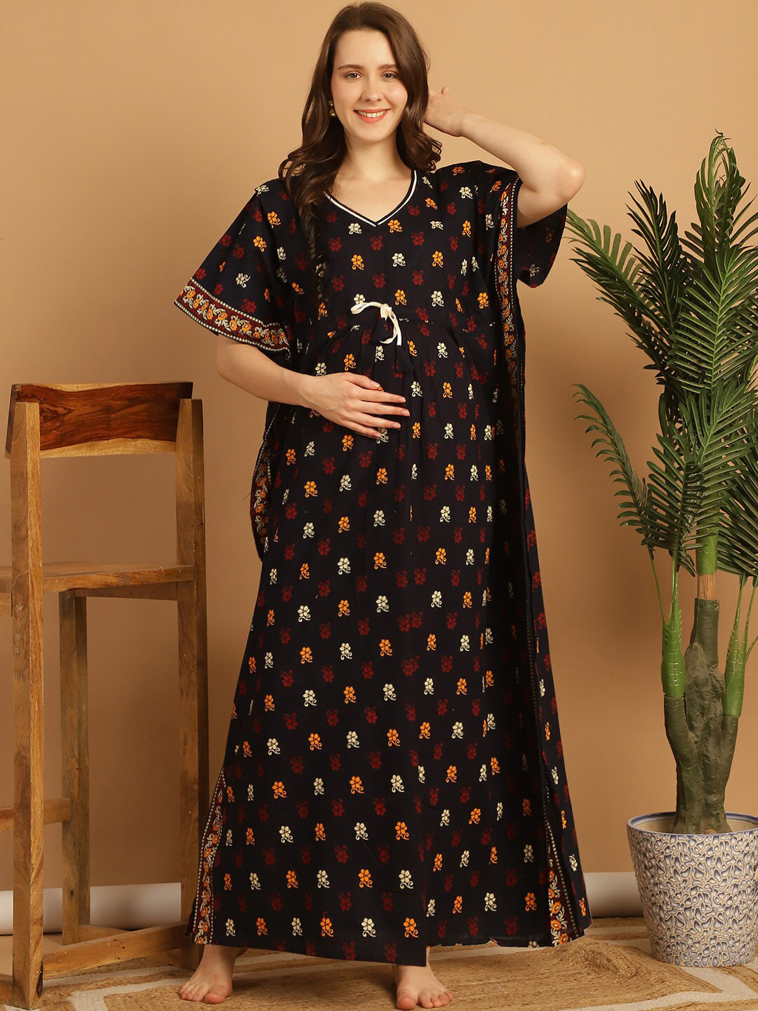 

Secret Wish Floral Printed Pure Cotton Maxi Maternity Kaftan Nightdress, Navy blue