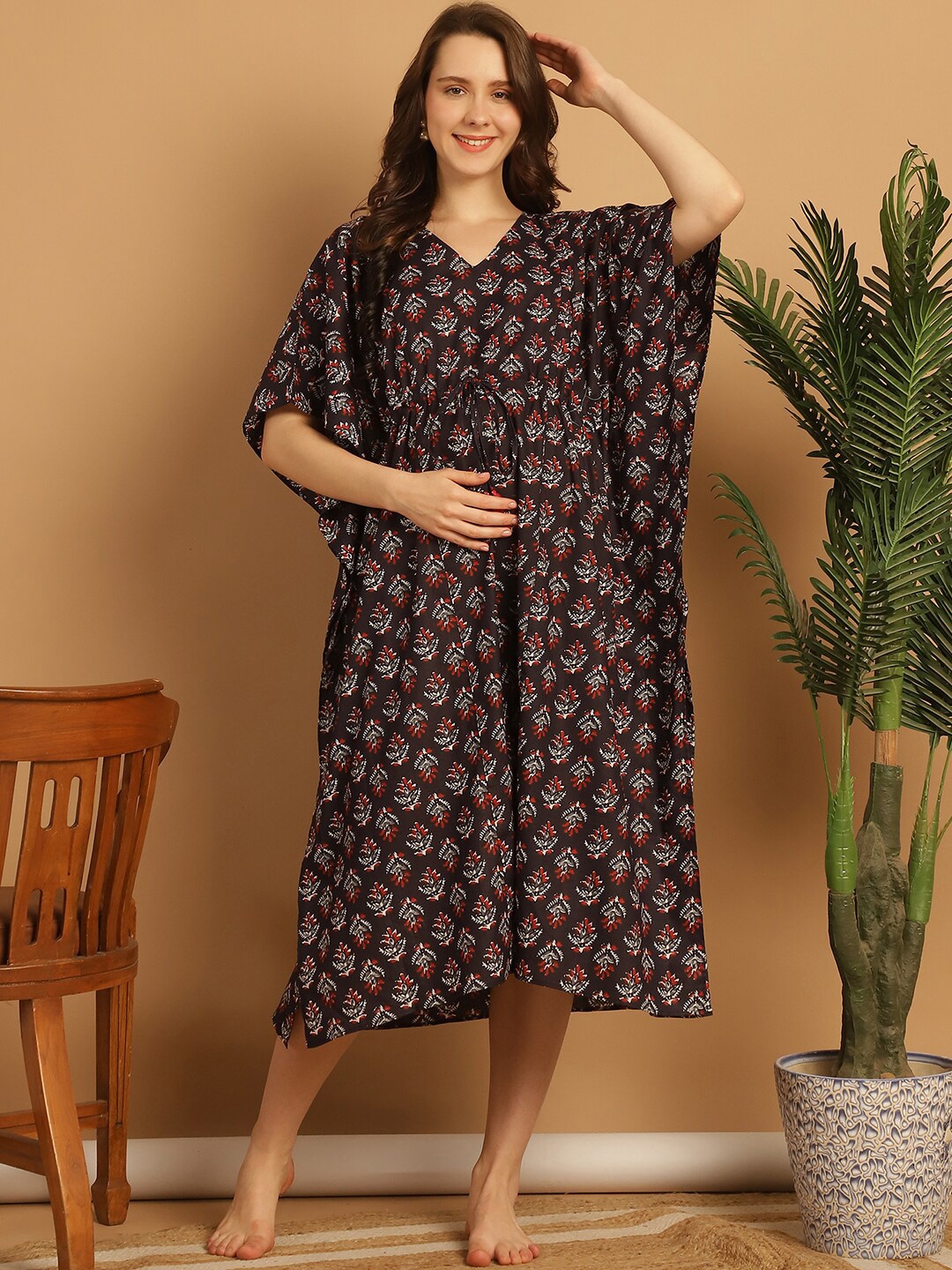 

Secret Wish Printed Pure Cotton Kaftan Nightdress, Navy blue