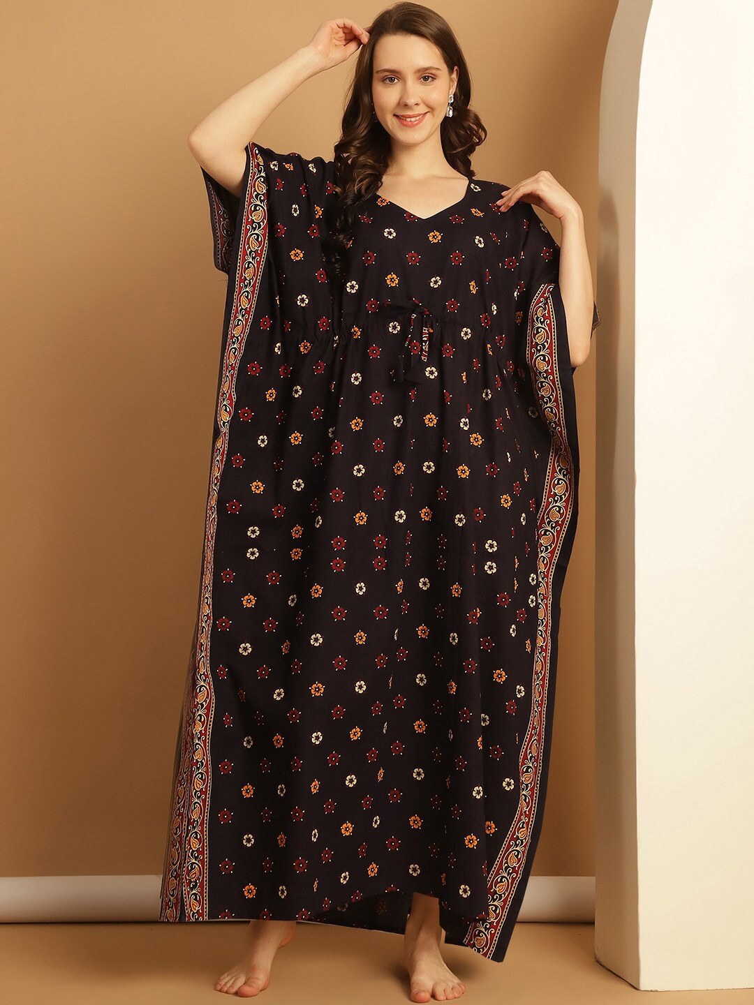 

Secret Wish Plus Size Printed Pure Cotton Kaftan Nightdress, Navy blue