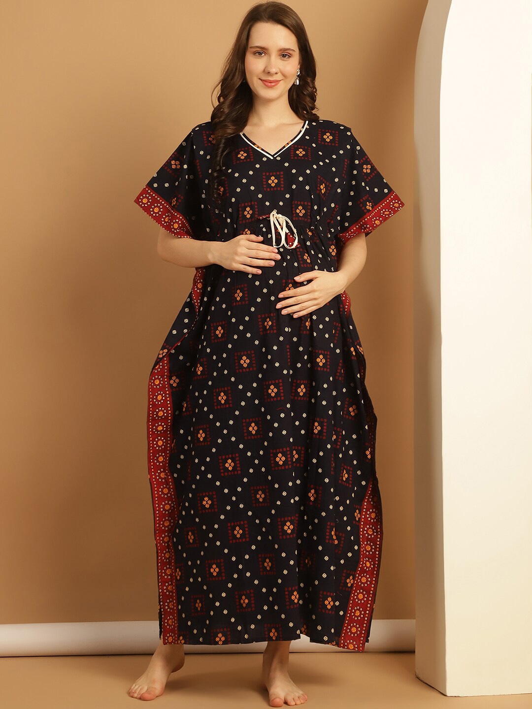 

Secret Wish Geometric Printed Pure Cotton Maxi Maternity Kaftan Nightdress, Navy blue