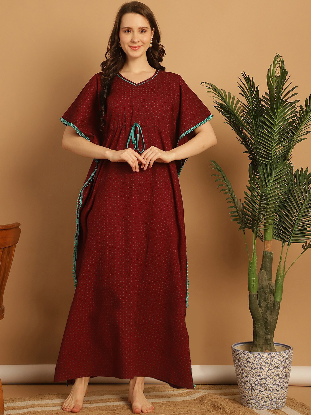 

Secret Wish Floral Printed Pure Cotton Maxi Kaftan Nightdress, Maroon