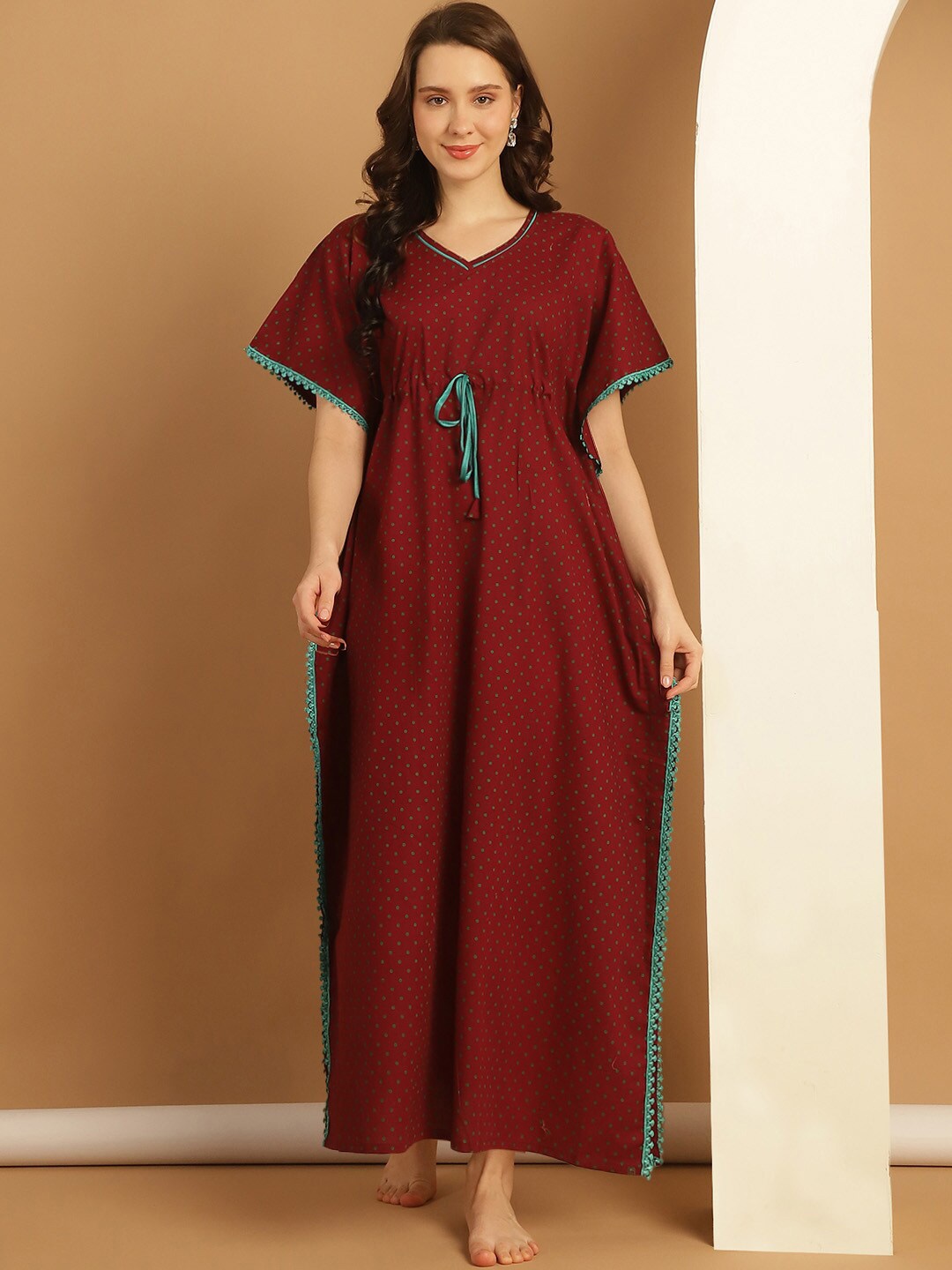 

Secret Wish Polka Dot Printed Pure Cotton Maxi Kaftan Nightdress, Maroon