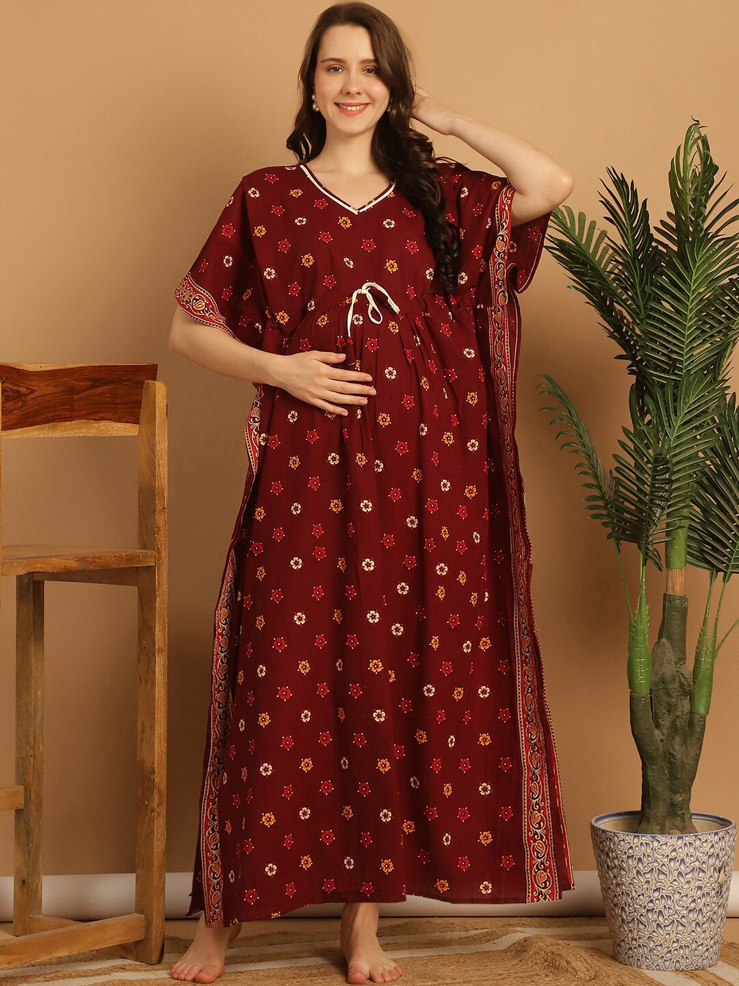 

Secret Wish Floral Printed Maxi Pure Cotton Kaftan Nightdress, Maroon