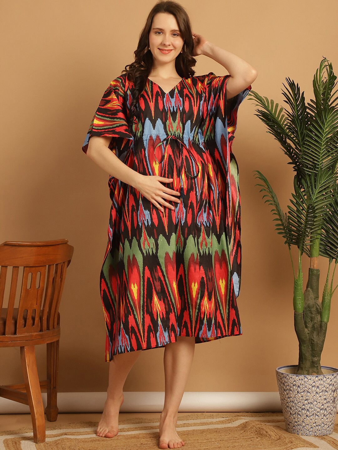 

Secret Wish Abstract Printed Pure Cotton Midi Maternity Kaftan Nightdress, Black