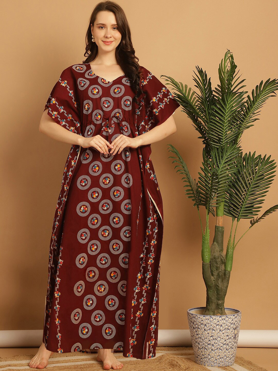 

Secret Wish Floral Printed Pure Cotton Maxi Kaftan Nightdress, Maroon