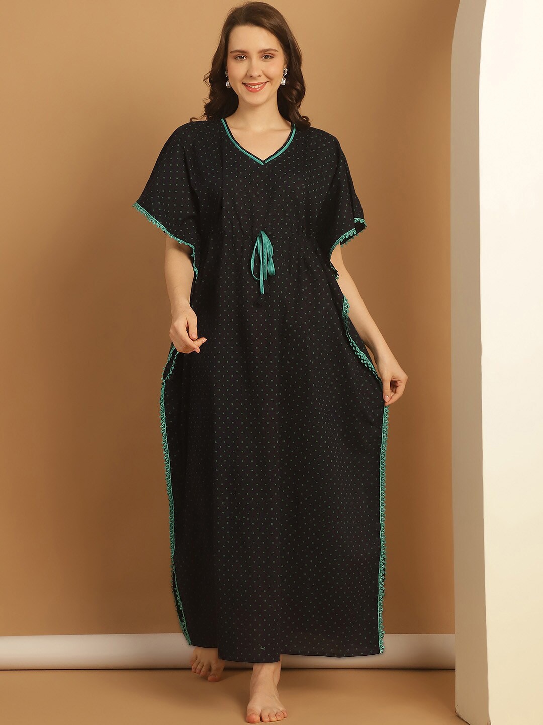 

Secret Wish Printed Pure Cotton Kaftan Nightdress, Black