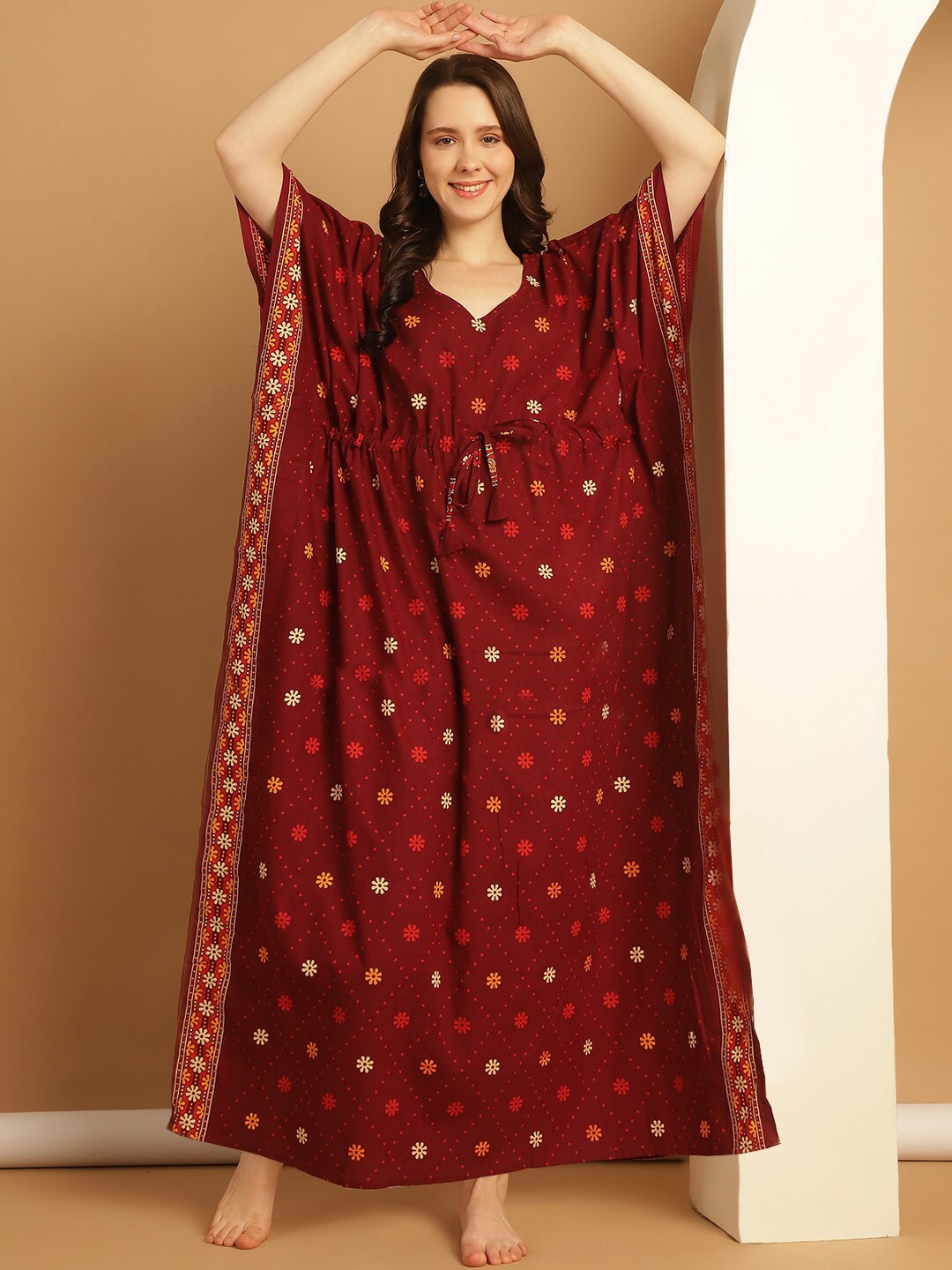 

Secret Wish Plus Size Printed Pure Cotton Kaftan Nightdress, Maroon