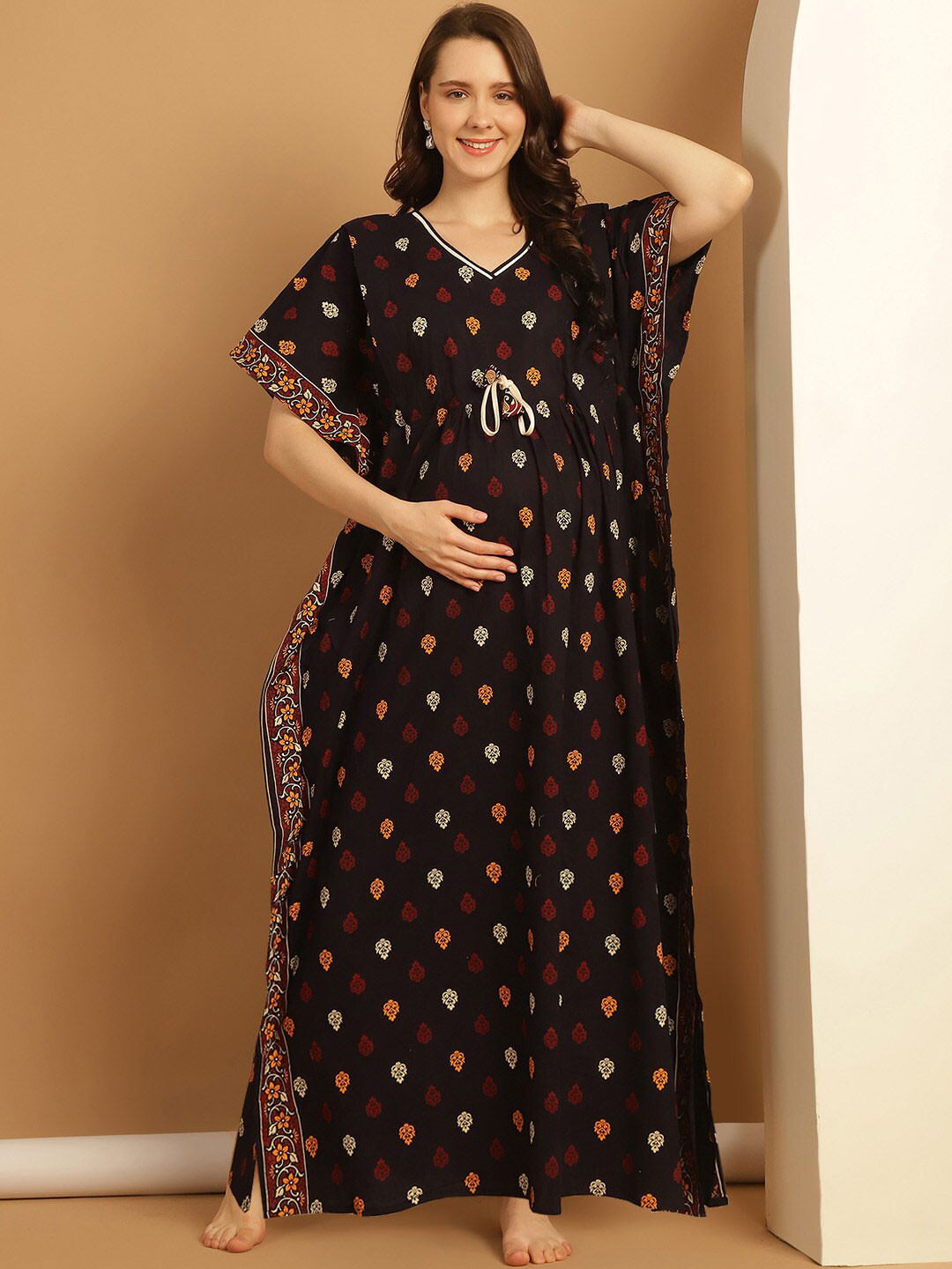 

Secret Wish Floral Printed Pure Cotton Maxi Maternity Kaftan Nightdress, Navy blue