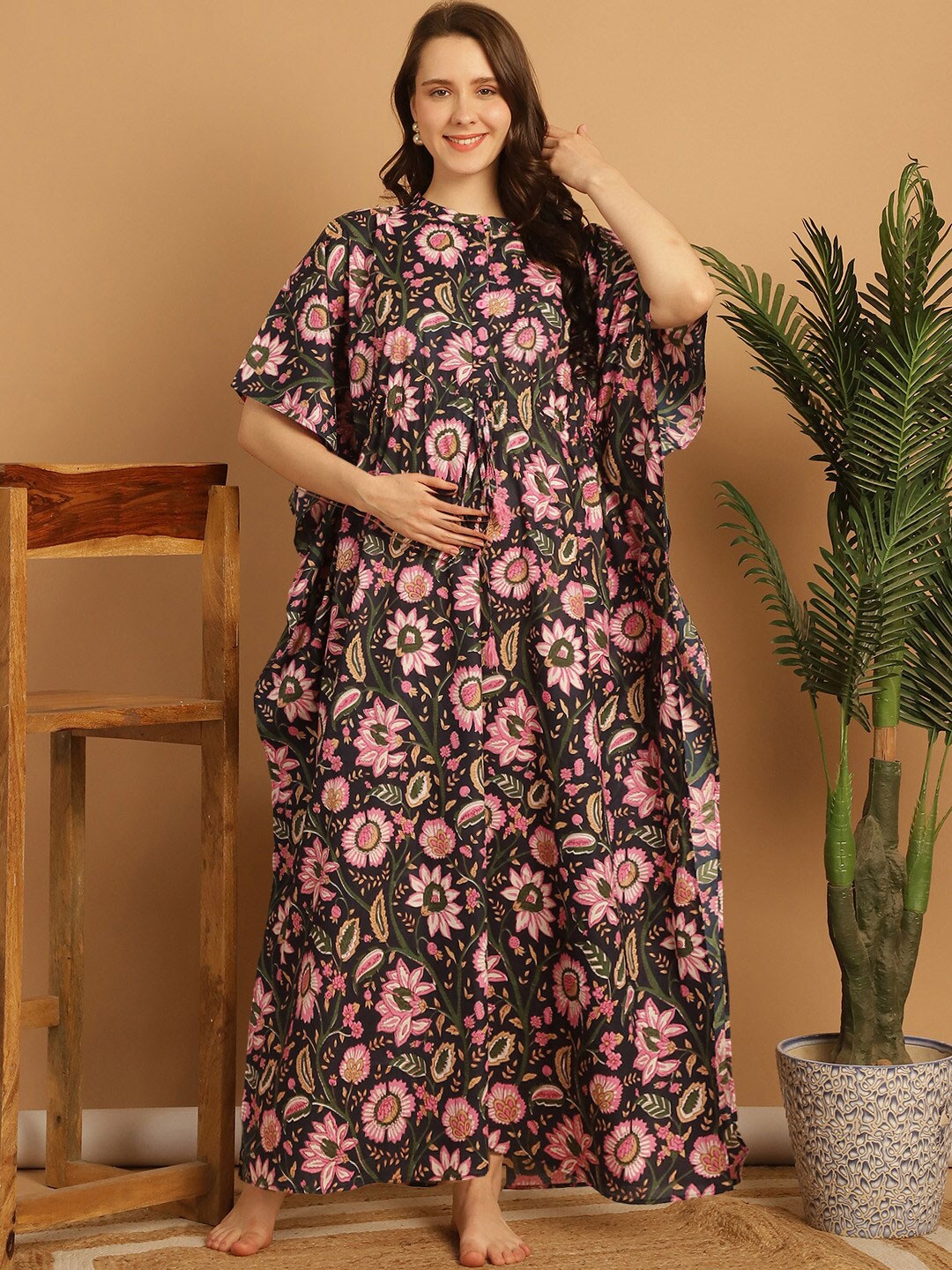 

Secret Wish Floral Printed Pure Cotton Maxi Maternity Kaftan Nightdress, Navy blue