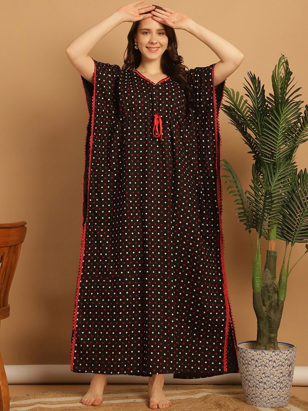 

Secret Wish Printed Pure Cotton Maxi Kaftan Nightdress, Black