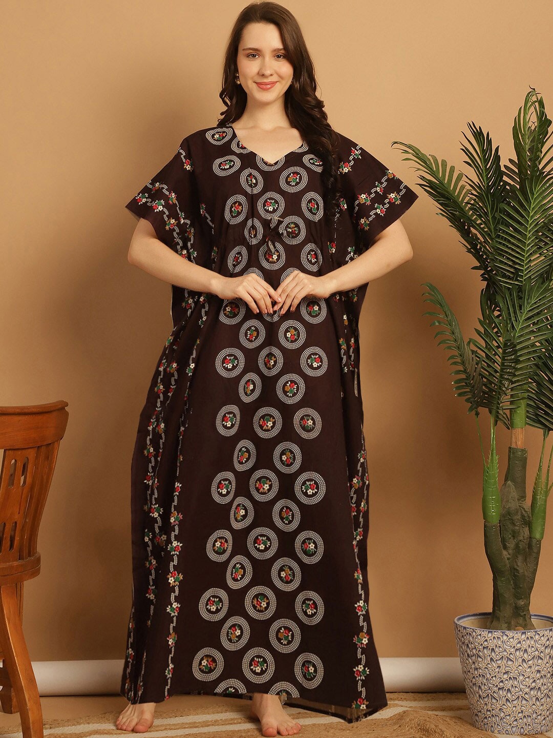 

Secret Wish Floral Printed Maxi Pure Cotton Kaftan Nightdress, Brown