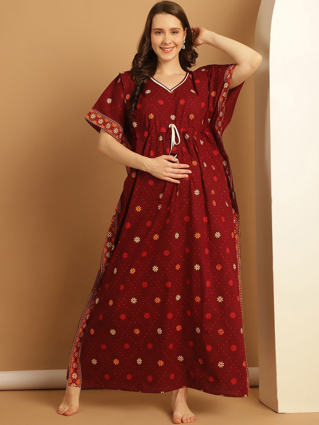 

Secret Wish Floral Printed Pure Cotton Maxi Maternity Kaftan Nightdress, Maroon