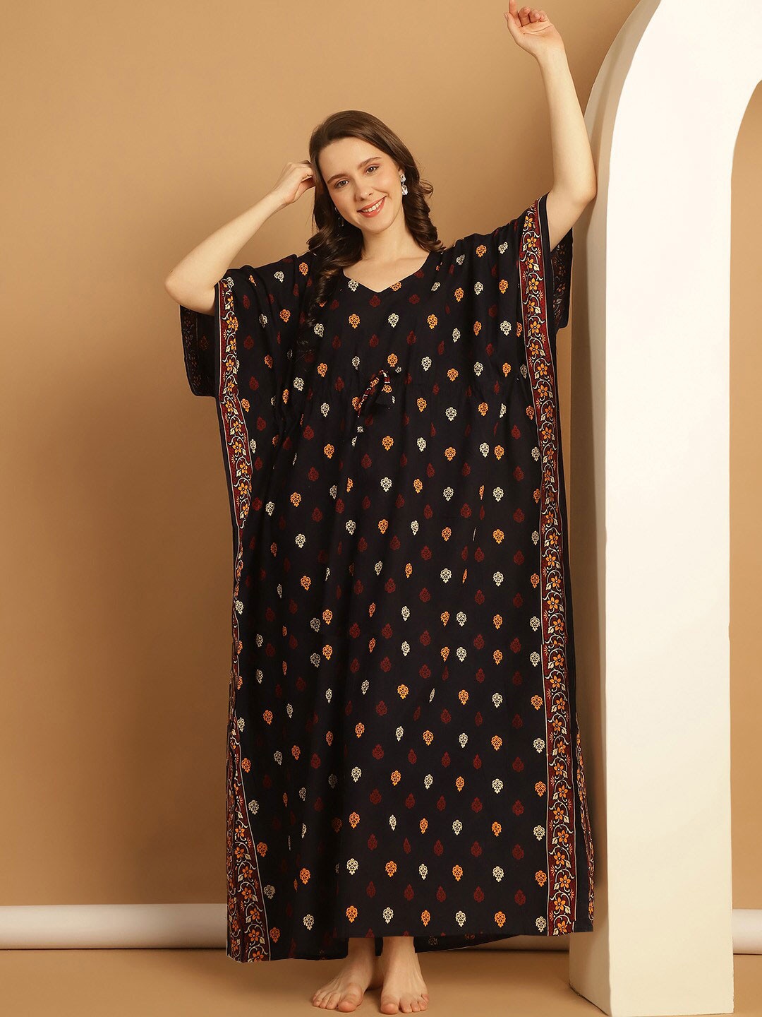Secret Wish Plus Size Floral Printed Pure Cotton Maxi Kaftan Nightdress, Navy blue