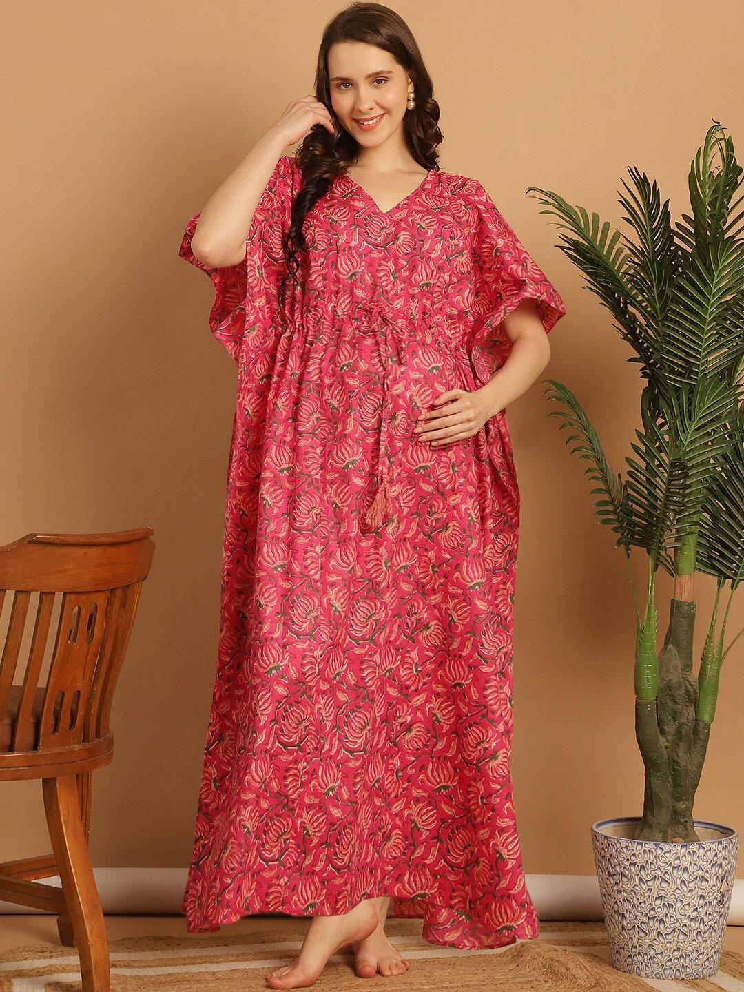 

Secret Wish Floral Printed Pure Cotton Maxi Maternity Kaftan Nightdress, Pink