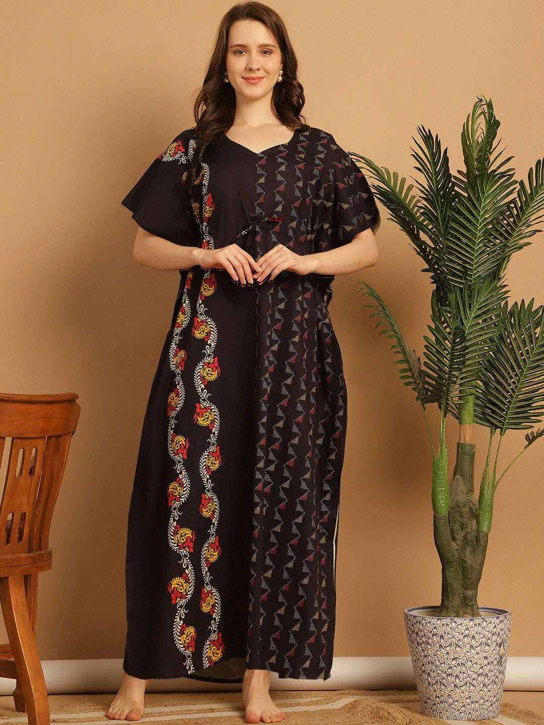 

Secret Wish Printed Pure Cotton Kaftan Nightdress, Maroon