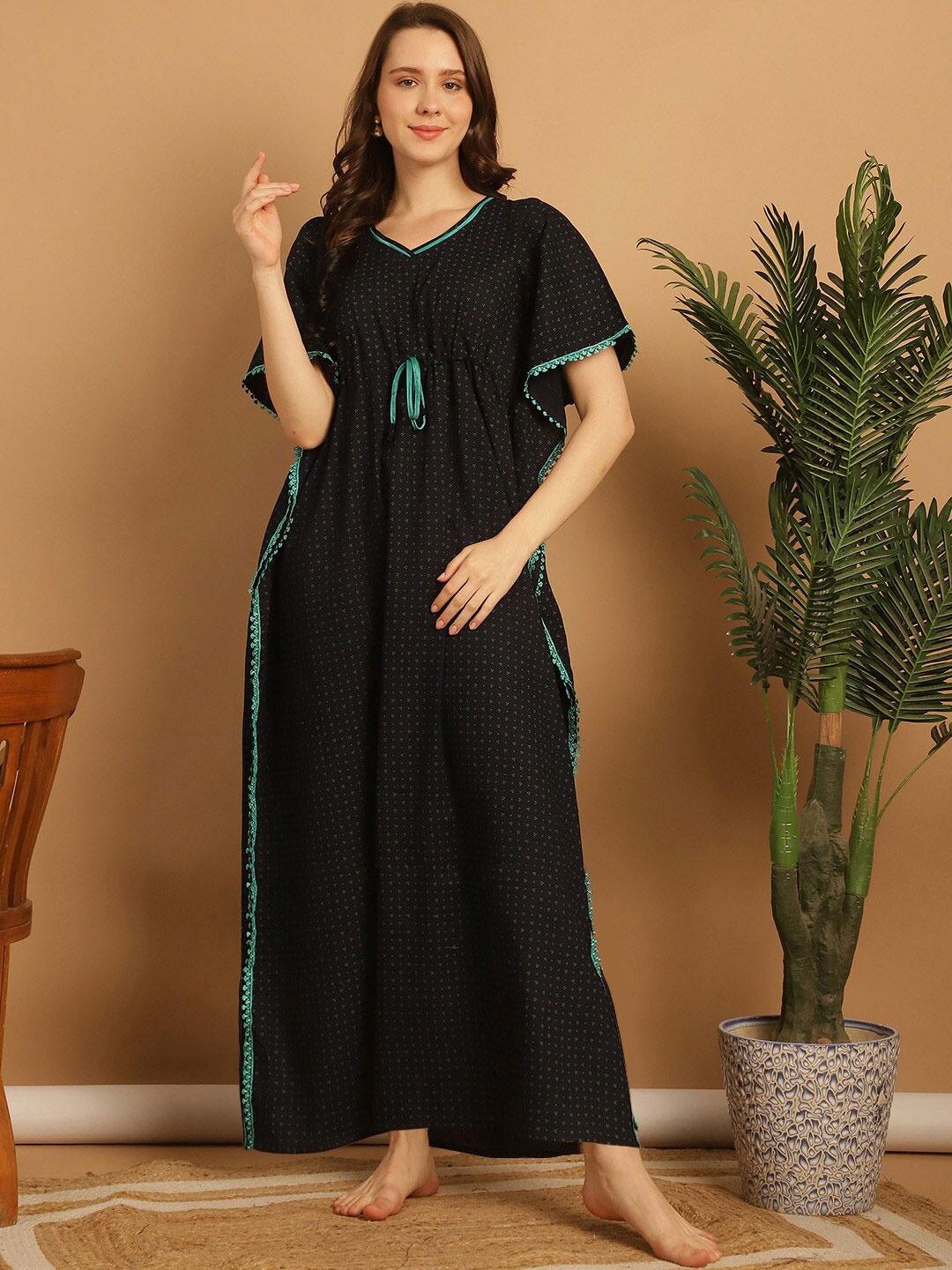 

Secret Wish Floral Printed Pure Cotton Maxi Kaftan Nightdress, Black