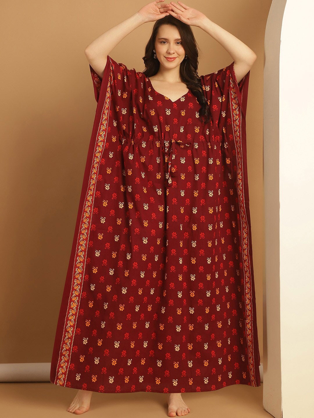 

Secret Wish Plus Size Printed Pure Cotton Kaftan Nightdress, Maroon