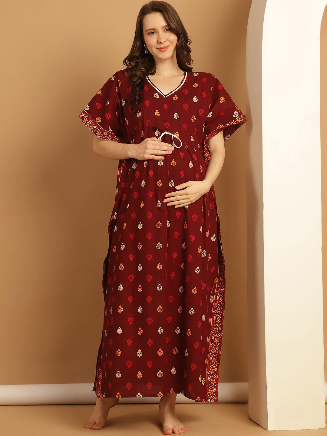 

Secret Wish Floral Printed Pure Cotton Maxi Maternity Kaftan Nightdress, Maroon
