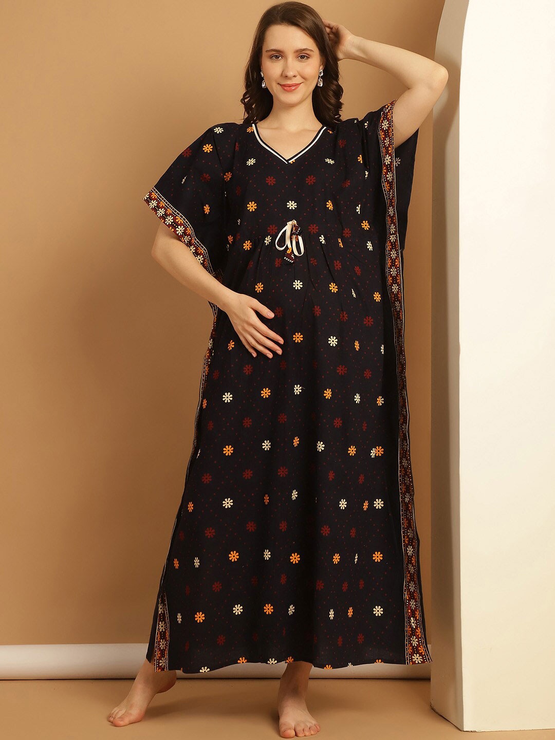 

Secret Wish Floral Printed Pure Cotton Maxi Maternity Kaftan Nightdress, Navy blue